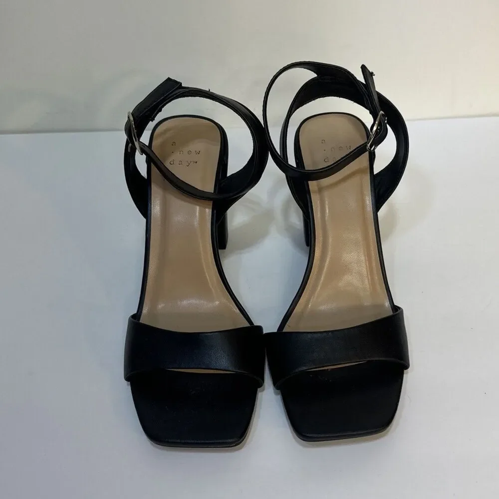A New Day Women's Black Block 4” Heel Ankle Strap Sandals Size 9 M